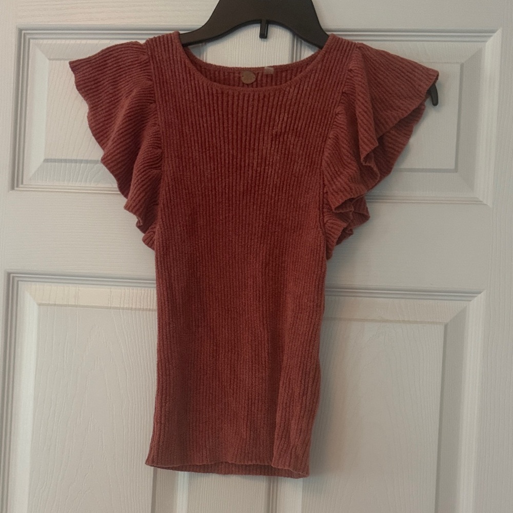 Free People Ruffled Ribbed Blouse in Rust